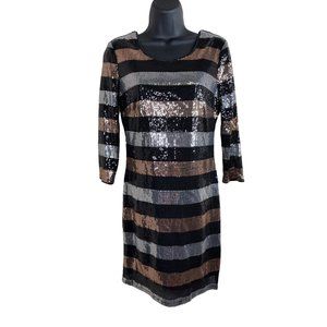 Charlotte Russe Dress Black Gold Silver Sequin Women Size M 3/4 Sleeve Poly Span